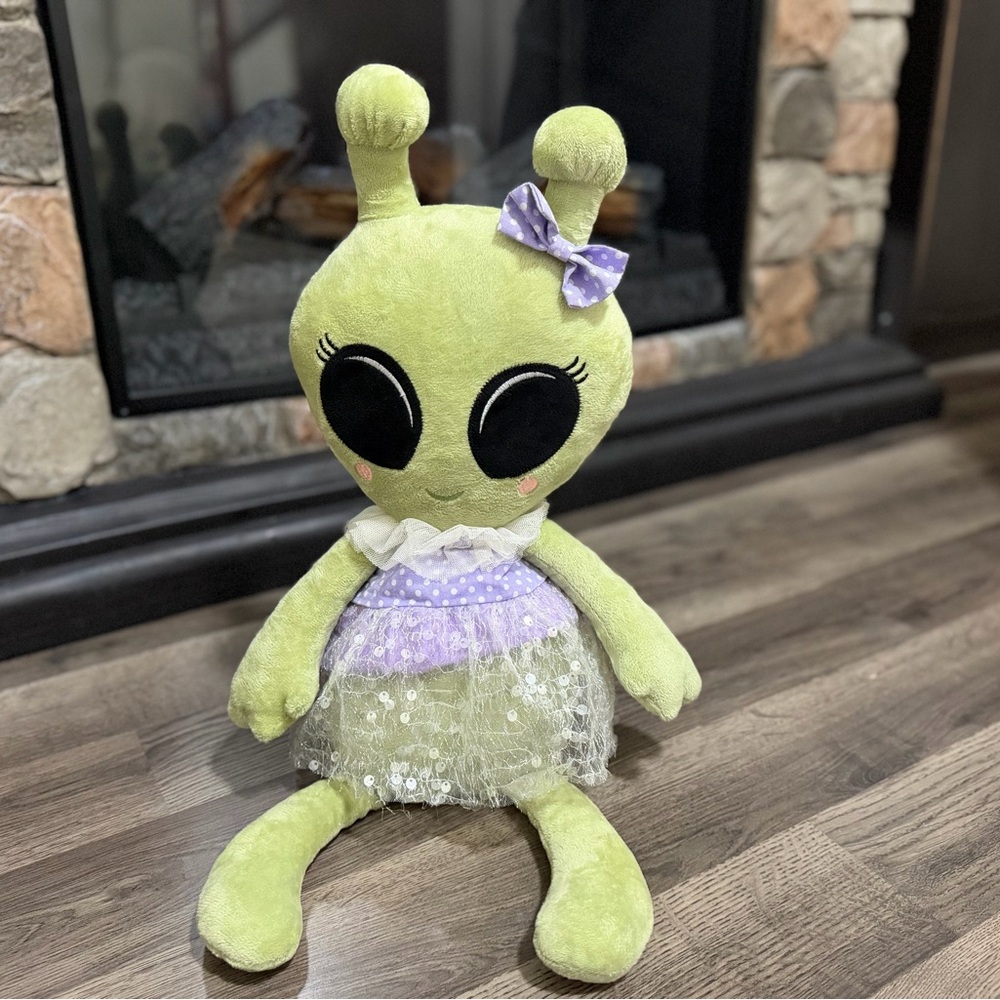 Green Alien Plush with Purple Dress and Bow
